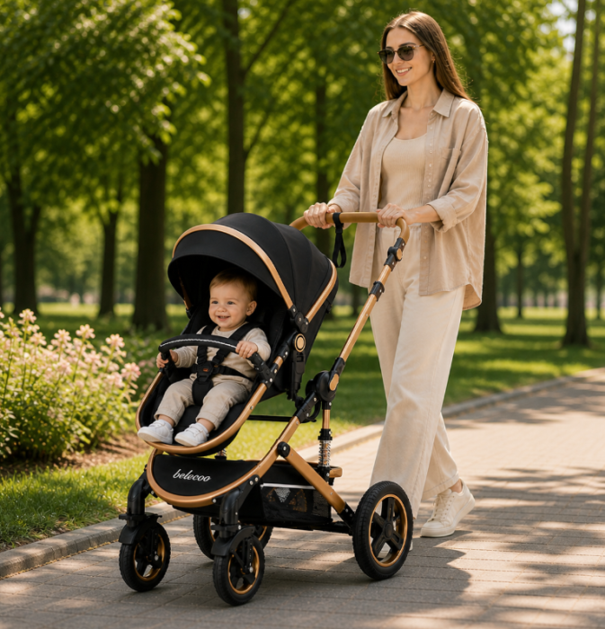 Carucior 3 in 1, Geanta de scutece, Suspensie pe roata si cadru, Pliabil, Original Belecoo, Negru cu cadru auriu [7]