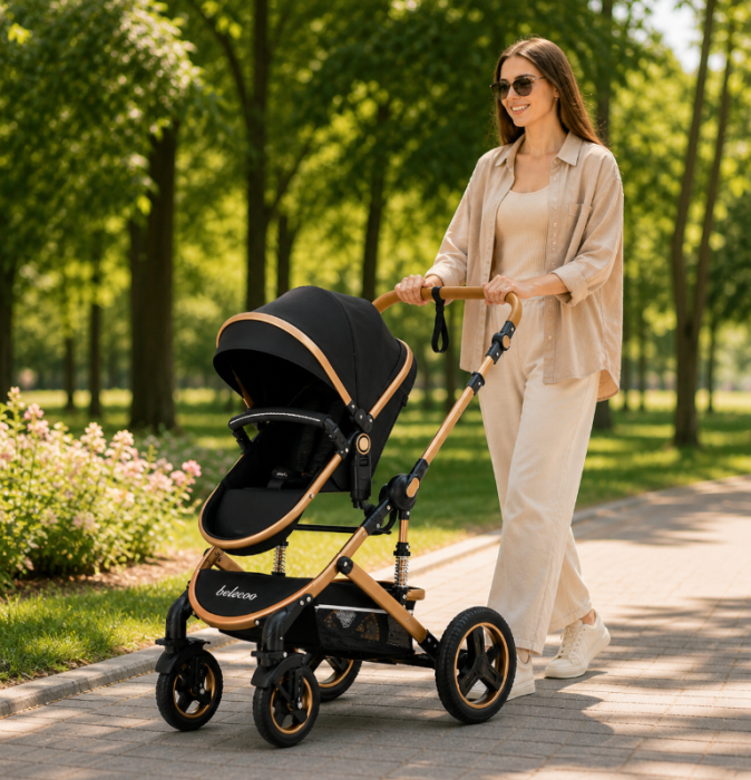 Carucior 3 in 1, Geanta de scutece, Suspensie pe roata si cadru, Pliabil, Original Belecoo, Negru cu cadru auriu [5]