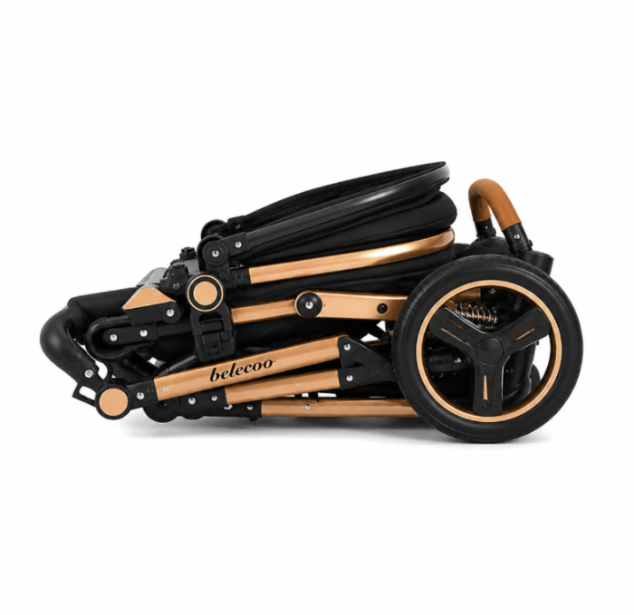 Carucior 3 in 1, Geanta de scutece, Suspensie pe roata si cadru, Pliabil, Original Belecoo, Negru cu cadru auriu [10]