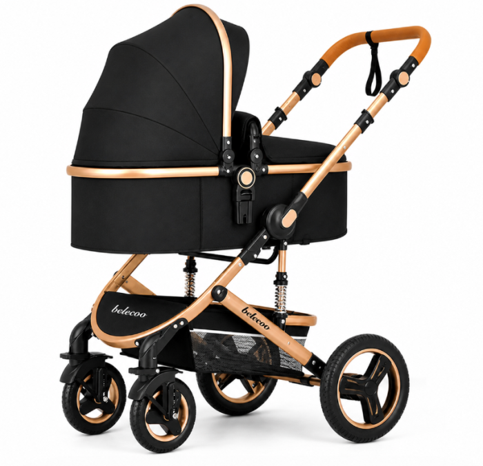 Carucior 3 in 1, Geanta de scutece, Suspensie pe roata si cadru, Pliabil, Original Belecoo, Negru cu cadru auriu [4]