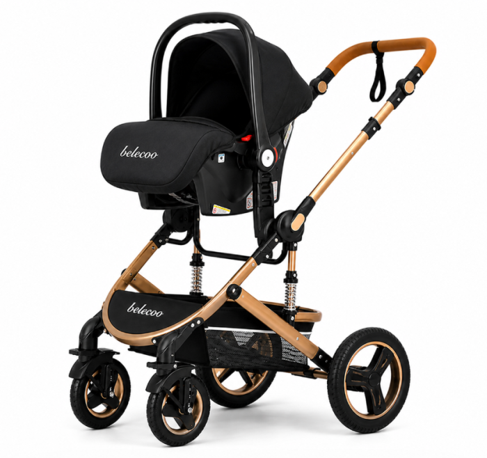 Carucior 3 in 1, Geanta de scutece, Suspensie pe roata si cadru, Pliabil, Original Belecoo, Negru cu cadru auriu [6]