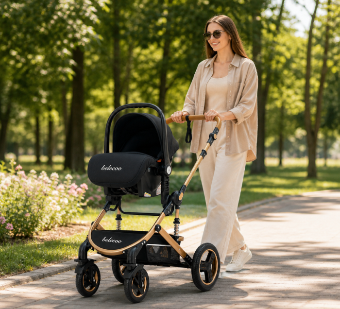 Carucior 3 in 1, Geanta de scutece, Suspensie pe roata si cadru, Pliabil, Original Belecoo, Negru cu cadru auriu [3]