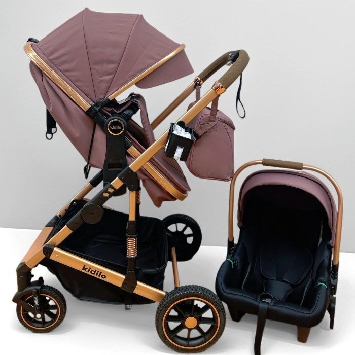 Carucior 3 in 1, Kidilo, cu suspensii, Geanta termica pentru accesorii si salteluta,Mov visina, Landou reversibil, Cadru aluminiu, A10 [4]