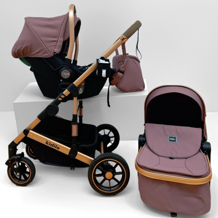 Carucior 3 in 1, Kidilo, cu suspensii, Geanta termica pentru accesorii si salteluta,Mov visina, Landou reversibil, Cadru aluminiu, A10 [5]