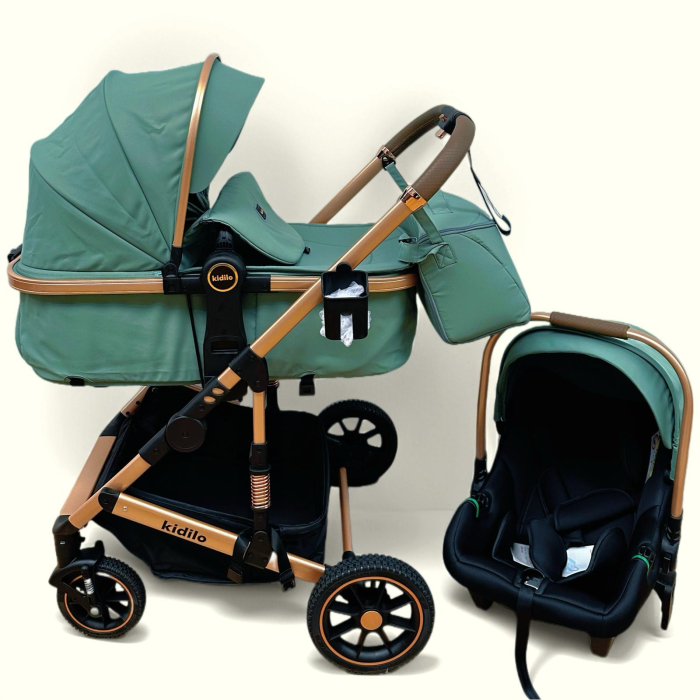 Carucior 3 in 1, Kidilo, cu suspensii, Geanta termica pentru accesorii si salteluta, Verde, Landou reversibil, Cadru aluminiu, A10 [12]