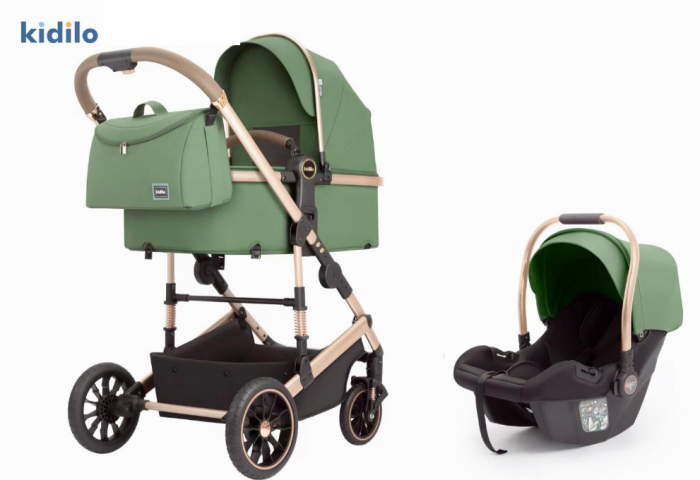 Carucior 3 in 1, Kidilo, cu suspensii, Geanta termica pentru accesorii si salteluta, Verde, Landou reversibil, Cadru aluminiu, A10 [11]