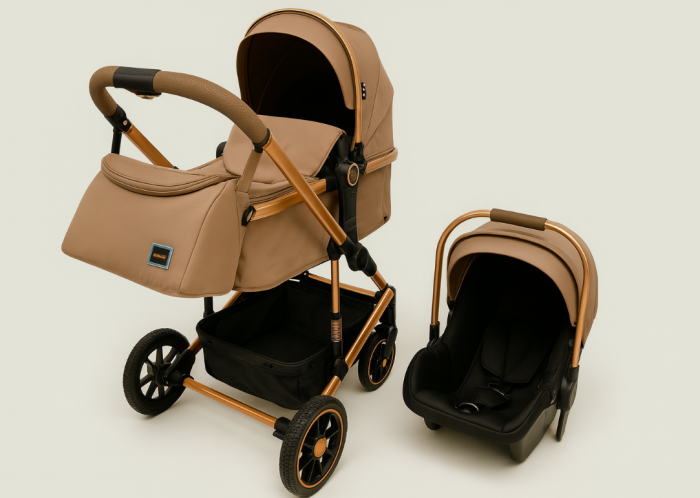 Carucior 3 in 1, Kidilo, cu suspensii, Lux, Geanta termica pentru accesorii si salteluta, Reversibil, Cadru aluminiu, Maro [4]