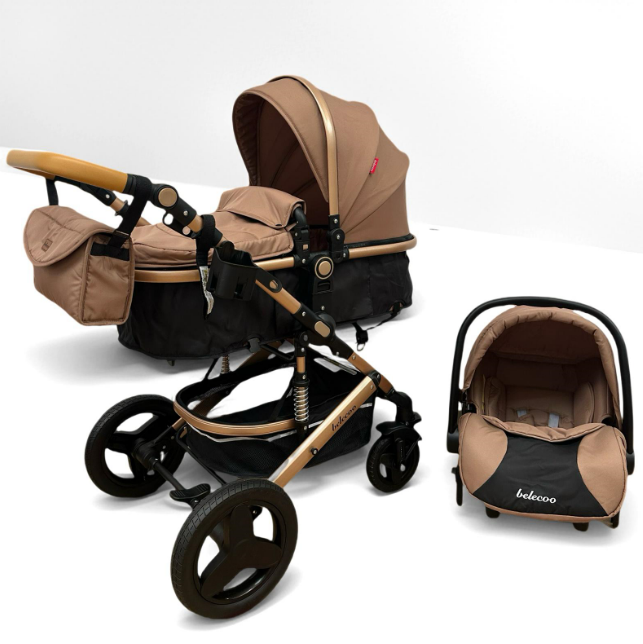 Carucior 3 in 1, Suspensie dubla pe roata, Geanta inclusa, strangere compacta, Belecoo, Maro cu negru [3]