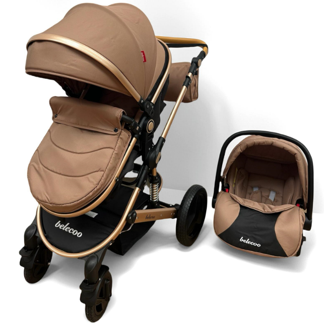 Carucior 3 in 1, Suspensie dubla pe roata, Geanta inclusa, strangere compacta, Belecoo, Maro cu negru [4]