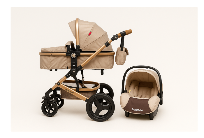 Carucior 3 in 1, Suspensie dubla pe roata, Geanta inclusa, strangere compacta, Belecoo, bej uni [11]