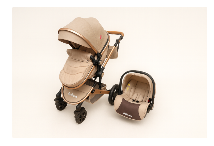 Carucior 3 in 1, Suspensie dubla pe roata, Geanta inclusa, strangere compacta, Belecoo, bej uni [14]