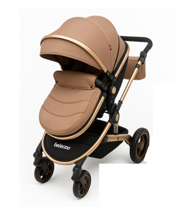 Carucior 3 in 1, Suspensie dubla pe roata, Geanta inclusa, strangere compacta, Belecoo, Maro cu negru [8]