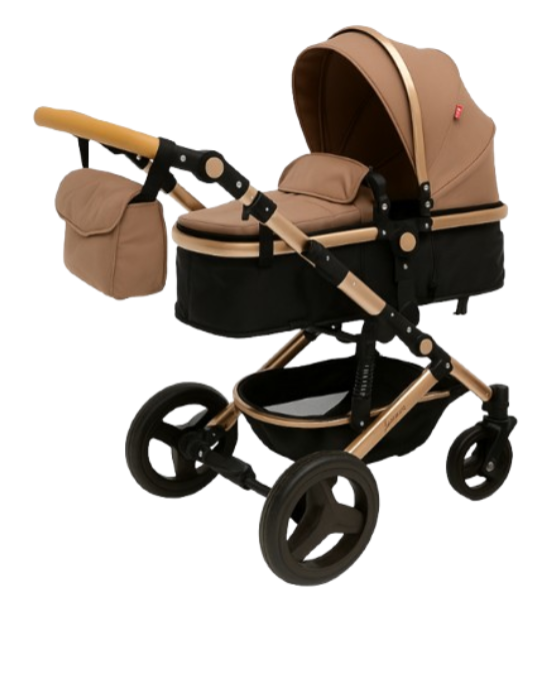 Carucior 3 in 1, Suspensie dubla pe roata, Geanta inclusa, strangere compacta, Belecoo, Maro cu negru [9]
