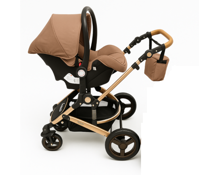 Carucior 3 in 1, Suspensie dubla pe roata, Geanta inclusa, strangere compacta, Belecoo, Maro cu negru [7]