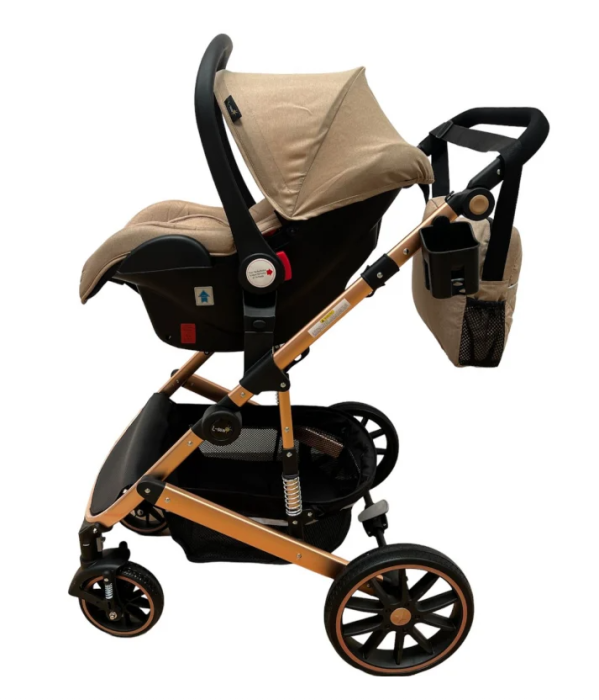 Carucior 3 in 1, Suspensie dubla pe roata, Geanta inclusa, strangere compacta, Maro cu negru [6]