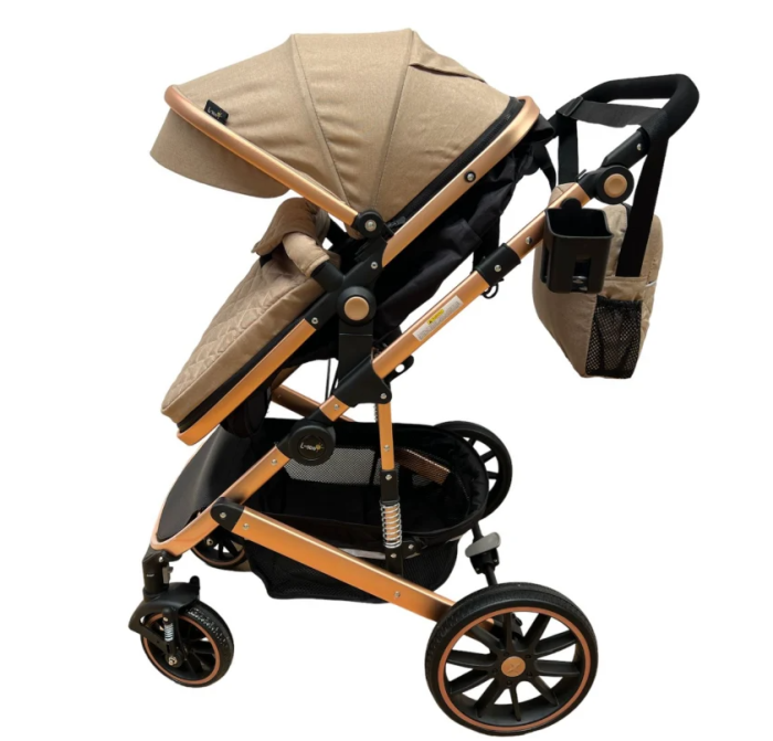 Carucior 3 in 1, Suspensie dubla pe roata, Geanta inclusa, strangere compacta, Maro cu negru [8]