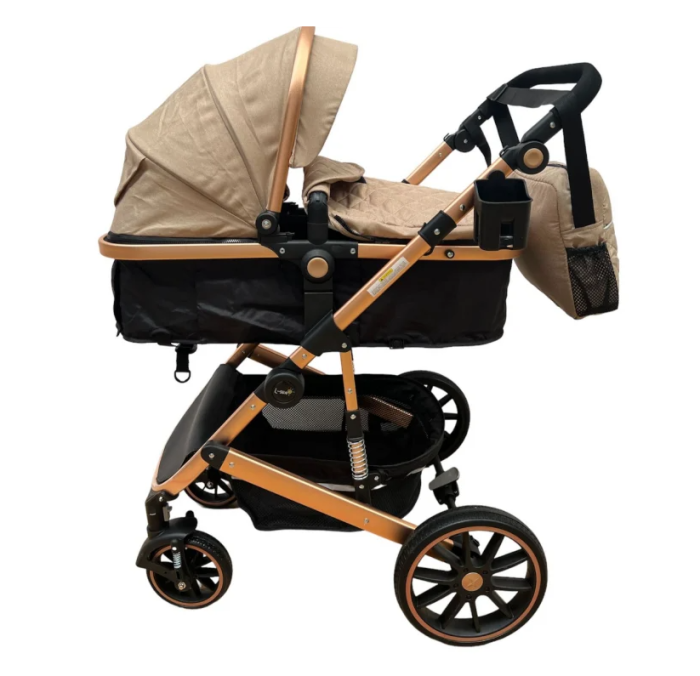 Carucior 3 in 1, Suspensie dubla pe roata, Geanta inclusa, strangere compacta, Maro cu negru [4]