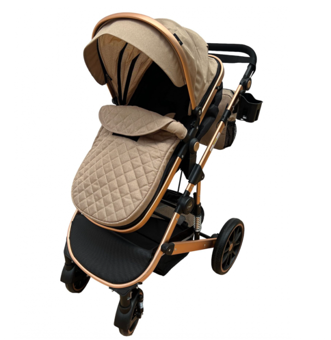 Carucior 3 in 1, Suspensie dubla pe roata, Geanta inclusa, strangere compacta, Maro cu negru [9]