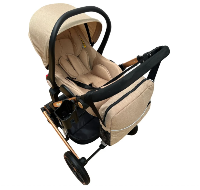 Carucior 3 in 1, Suspensie dubla pe roata, Geanta inclusa, strangere compacta, Maro cu negru [7]