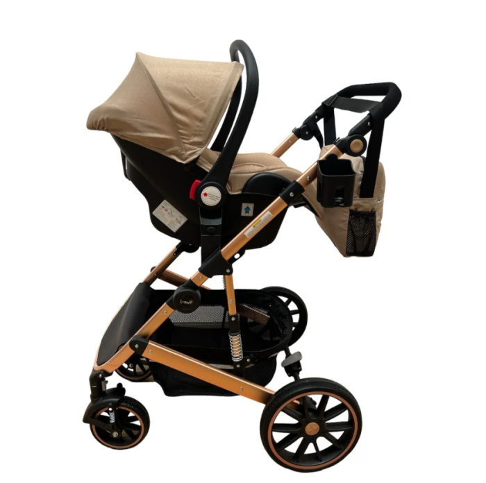 Carucior 3 in 1, Suspensie dubla pe roata, Geanta inclusa, strangere compacta, Maro cu negru [3]
