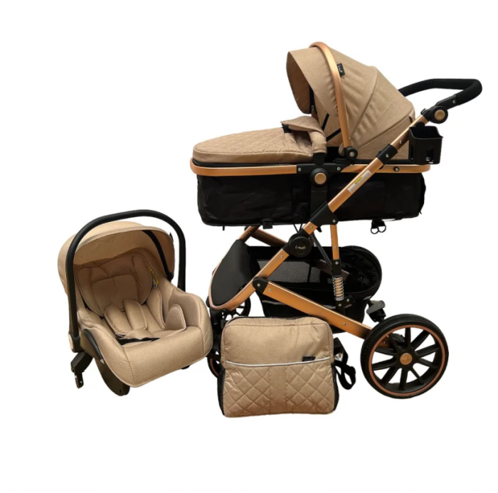 Carucior 3 in 1, Suspensie dubla pe roata, Geanta inclusa, strangere compacta, Maro cu negru [2]