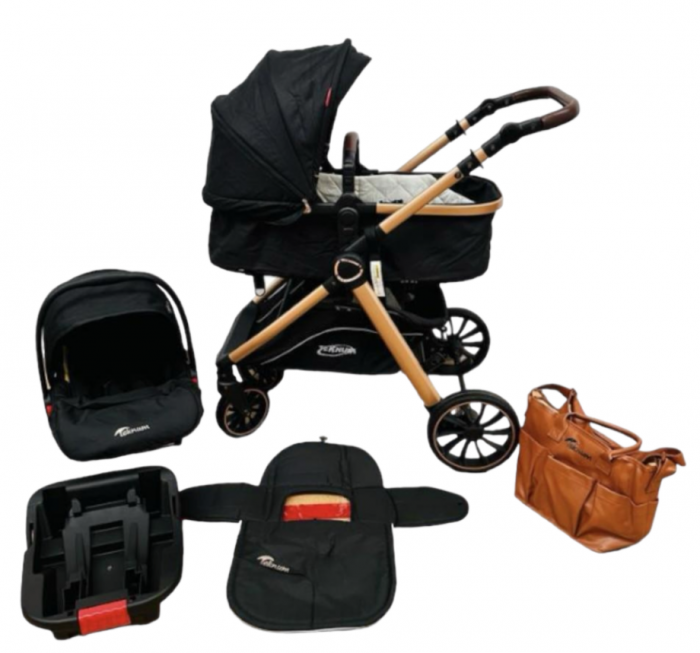 Carucior 3 in 1, Teknum, cu suspensii, Geanta pentru accesorii si salteluta, negru [3]