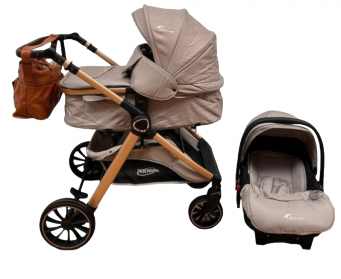 Carucior 3 in 1, Teknum, cu suspensii, Geanta pentru accesorii si salteluta, Kaki [4]