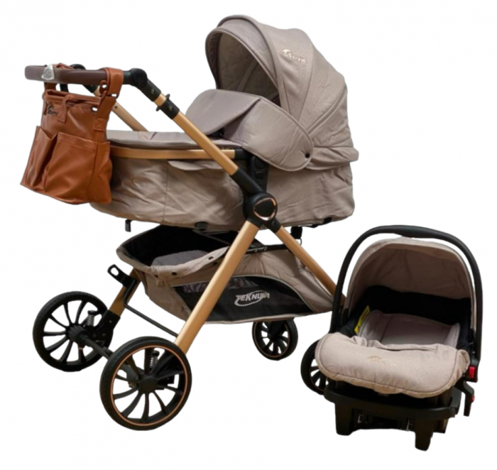 Carucior 3 in 1, Teknum, cu suspensii, Geanta pentru accesorii si salteluta, Kaki [2]