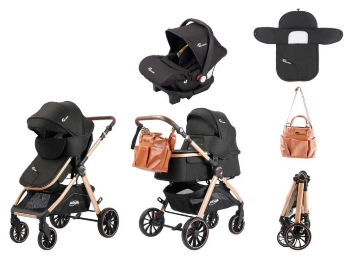 Carucior 3 in 1, Teknum, cu suspensii, Geanta pentru accesorii si salteluta, negru [2]