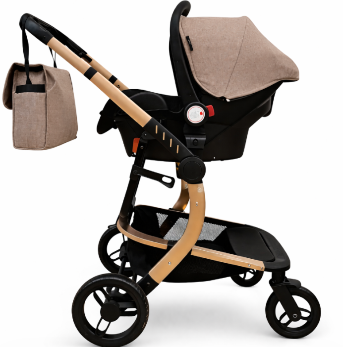 Carucior 3 in 1 cu 3 piese distincte, cadru ergonomic stabil, reversibil, bej [3]