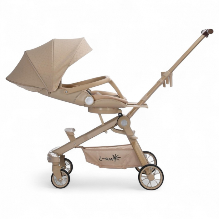 Carucior bebe cu copertina retractabila pentru protectie UV, 6 si 36 luni, reversibil, pliere compacta tip troler pentru avion, lumini si muzica [5]