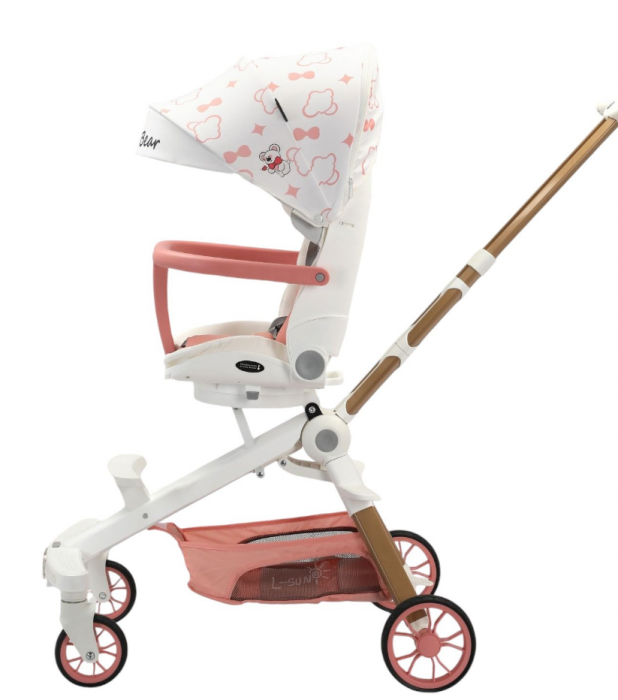 Carucior bebe cu copertina retractabila pentru protectie UV, 6 si 36 luni, reversibil, pliere compacta tip troler pentru avion, lumini si muzica, inimioare [3]