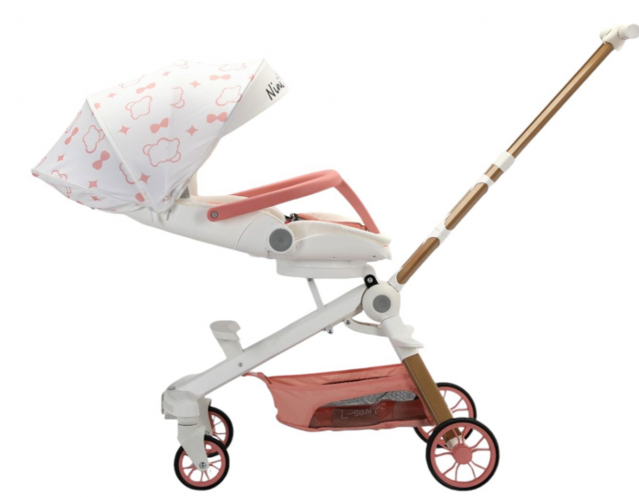 Carucior bebe cu copertina retractabila pentru protectie UV, 6 si 36 luni, reversibil, pliere compacta tip troler pentru avion, lumini si muzica, inimioare [4]