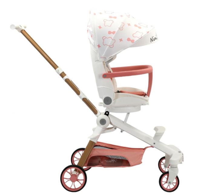 Carucior bebe cu copertina retractabila pentru protectie UV, 6 si 36 luni, reversibil, pliere compacta tip troler pentru avion, lumini si muzica, inimioare [2]