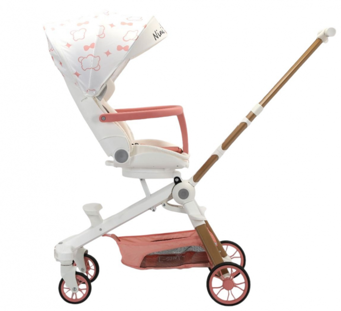 Carucior bebe cu copertina retractabila pentru protectie UV, 6 si 36 luni, reversibil, pliere compacta tip troler pentru avion, lumini si muzica, inimioare [5]