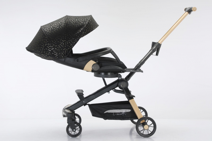 Carucior bebe cu copertina retractabila pentru protectie UV, 6 si 36 luni, reversibil, pliere compacta tip troler pentru avion, lumini si muzica, negru [2]