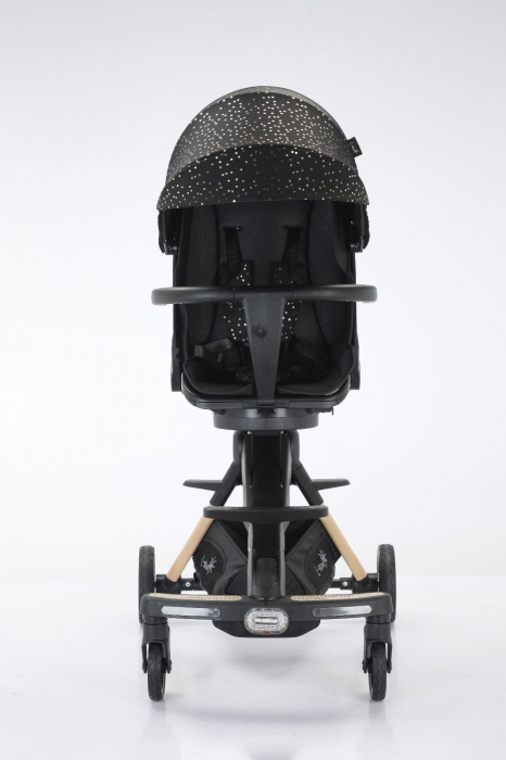 Carucior bebe cu copertina retractabila pentru protectie UV, 6 si 36 luni, reversibil, pliere compacta tip troler pentru avion, lumini si muzica, negru [4]