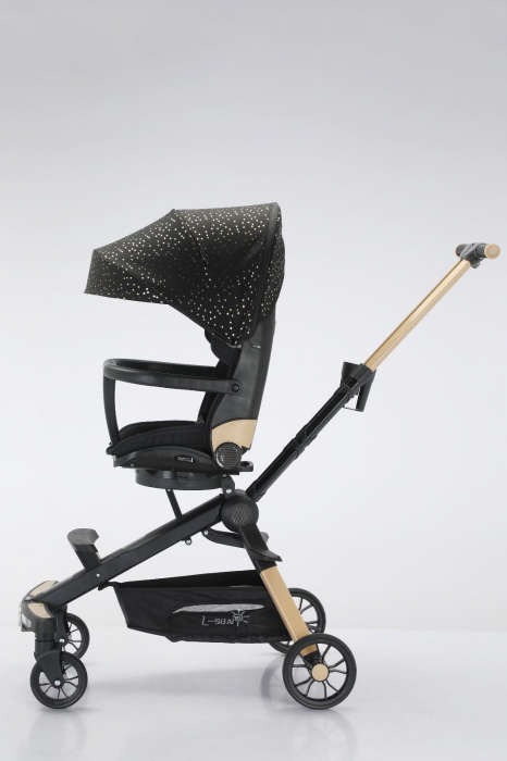 Carucior bebe cu copertina retractabila pentru protectie UV, 6 si 36 luni, reversibil, pliere compacta tip troler pentru avion, lumini si muzica, negru [3]