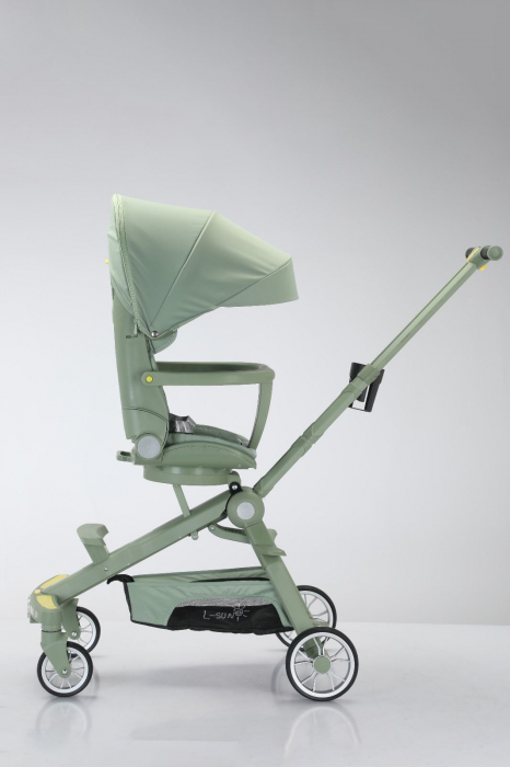 Carucior bebe cu copertina retractabila pentru protectie UV, 6 si 36 luni, reversibil, pliere compacta tip troler pentru avion, lumini si muzica, verde [10]