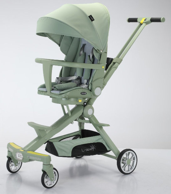 Carucior bebe cu copertina retractabila pentru protectie UV, 6 si 36 luni, reversibil, pliere compacta tip troler pentru avion, lumini si muzica, verde [11]