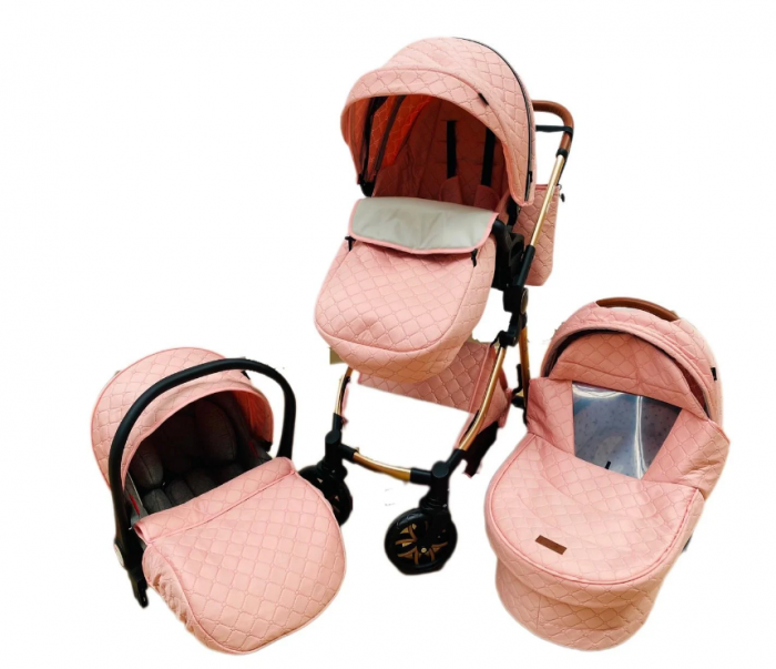 Carucior Bubu-Still, 3 in 1 , 3 piese distincte, suspensie pe roata, reversibil, Roz [1]