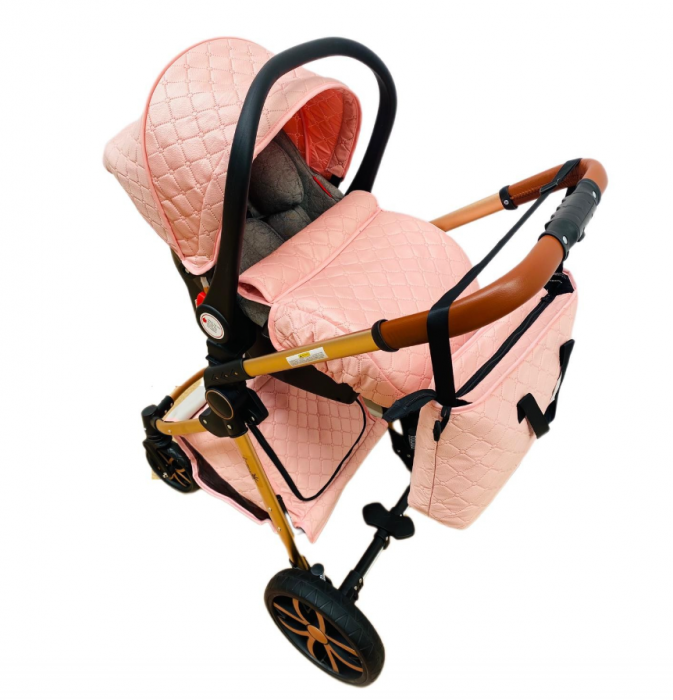 Carucior Bubu-Still, 3 in 1 , 3 piese distincte, suspensie pe roata, reversibil, Roz [6]