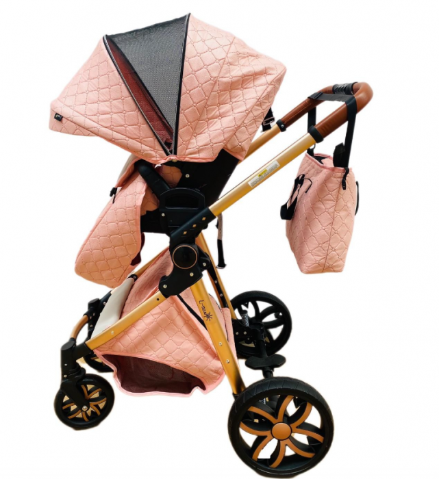 Carucior Bubu-Still, 3 in 1 , 3 piese distincte, suspensie pe roata, reversibil, Roz [17]