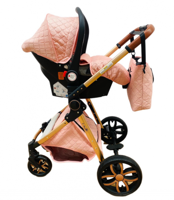 Carucior Bubu-Still, 3 in 1 , 3 piese distincte, suspensie pe roata, reversibil, Roz [9]