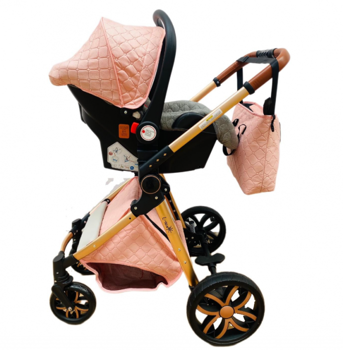 Carucior Bubu-Still, 3 in 1 , 3 piese distincte, suspensie pe roata, reversibil, Roz [11]