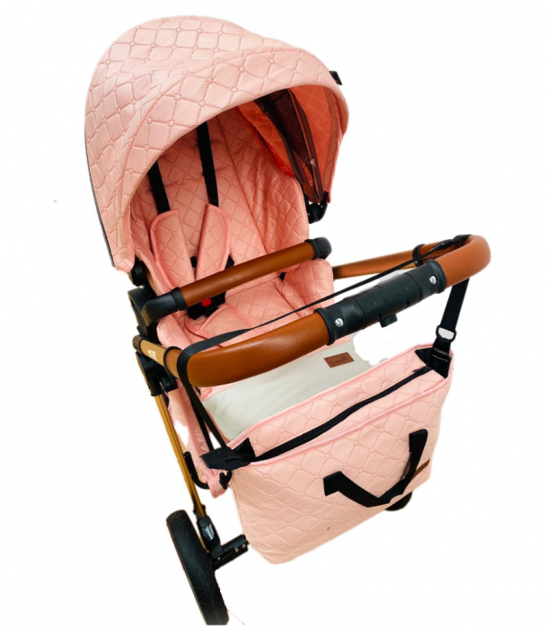 Carucior Bubu-Still, 3 in 1 , 3 piese distincte, suspensie pe roata, reversibil, Roz [7]