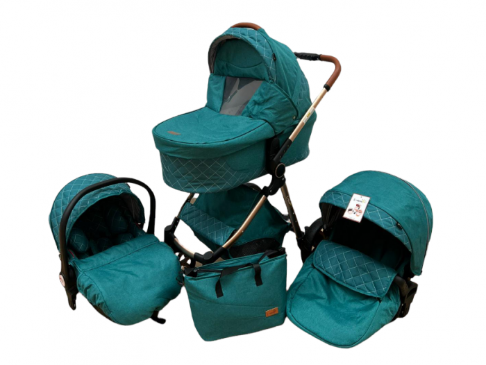 Carucior Bubu-Still, 3 in 1 , 3 piese distincte, suspensie pe roata, reversibil, Turcoaz [1]