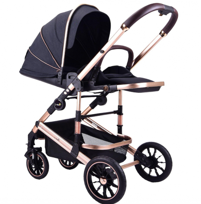 Carucior copii, 0-36 luni, Cu suspensii, Maner reversibil, Pozitie de somn si sezut, Roata cauciuc, Cu scoica auto [7]