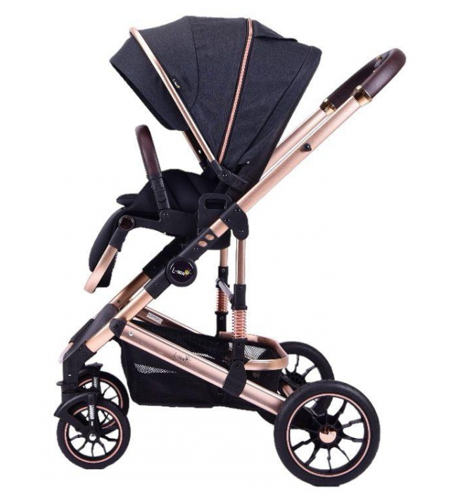 Carucior copii, 0-36 luni, Cu suspensii, Maner reversibil, Pozitie de somn si sezut, Roata cauciuc, Cu scoica auto [8]