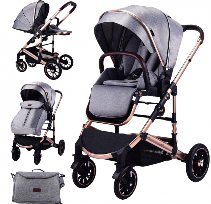 Carucior copii, 0-36 luni, Cu suspensii, Maner reversibil, Pozitie de somn si sezut, Roata cauciuc, Cu scoica auto [3]
